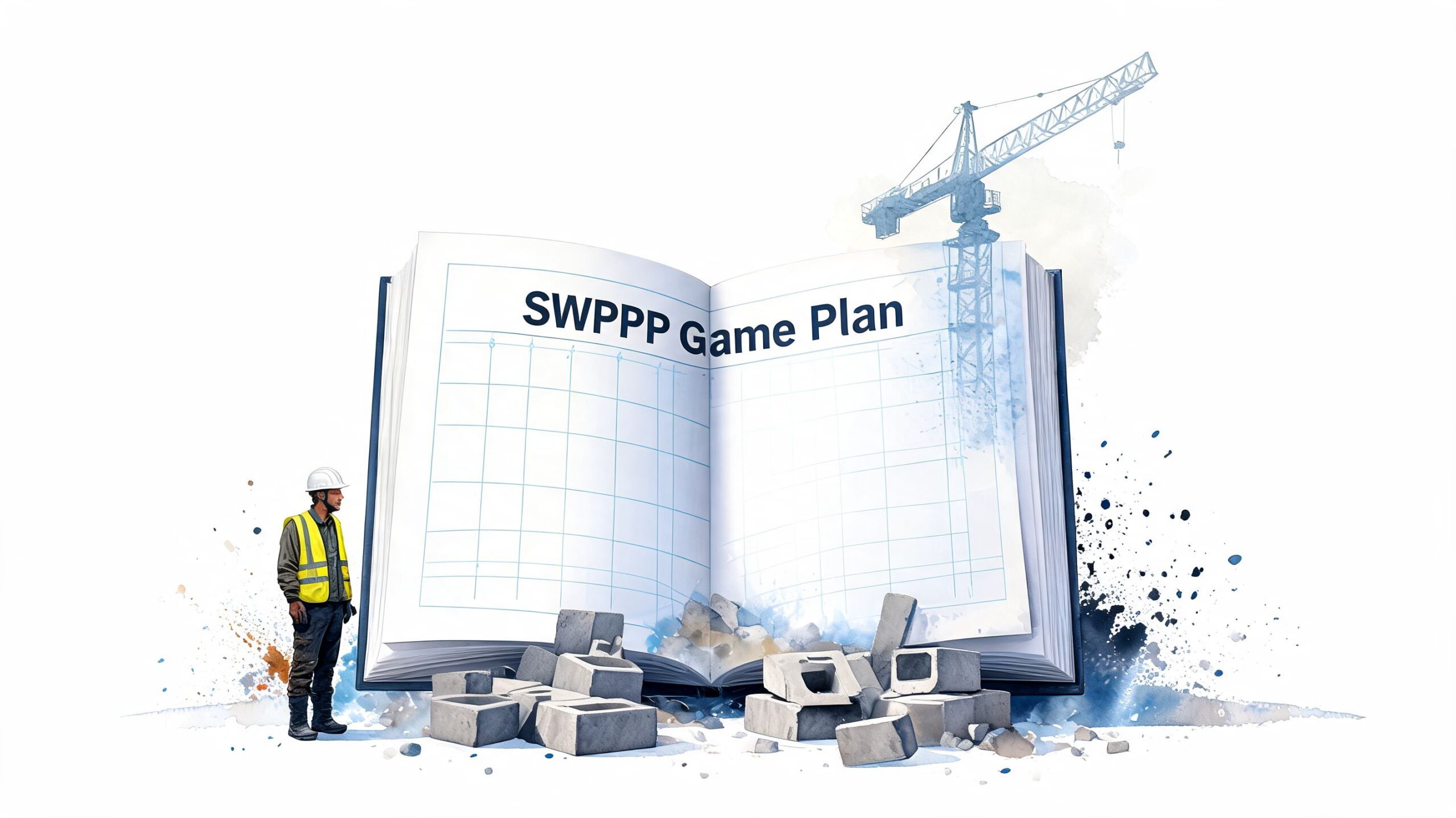 A construction worker standing next to an open book titled SWPPP Game Plan with a construction crane overhead.
