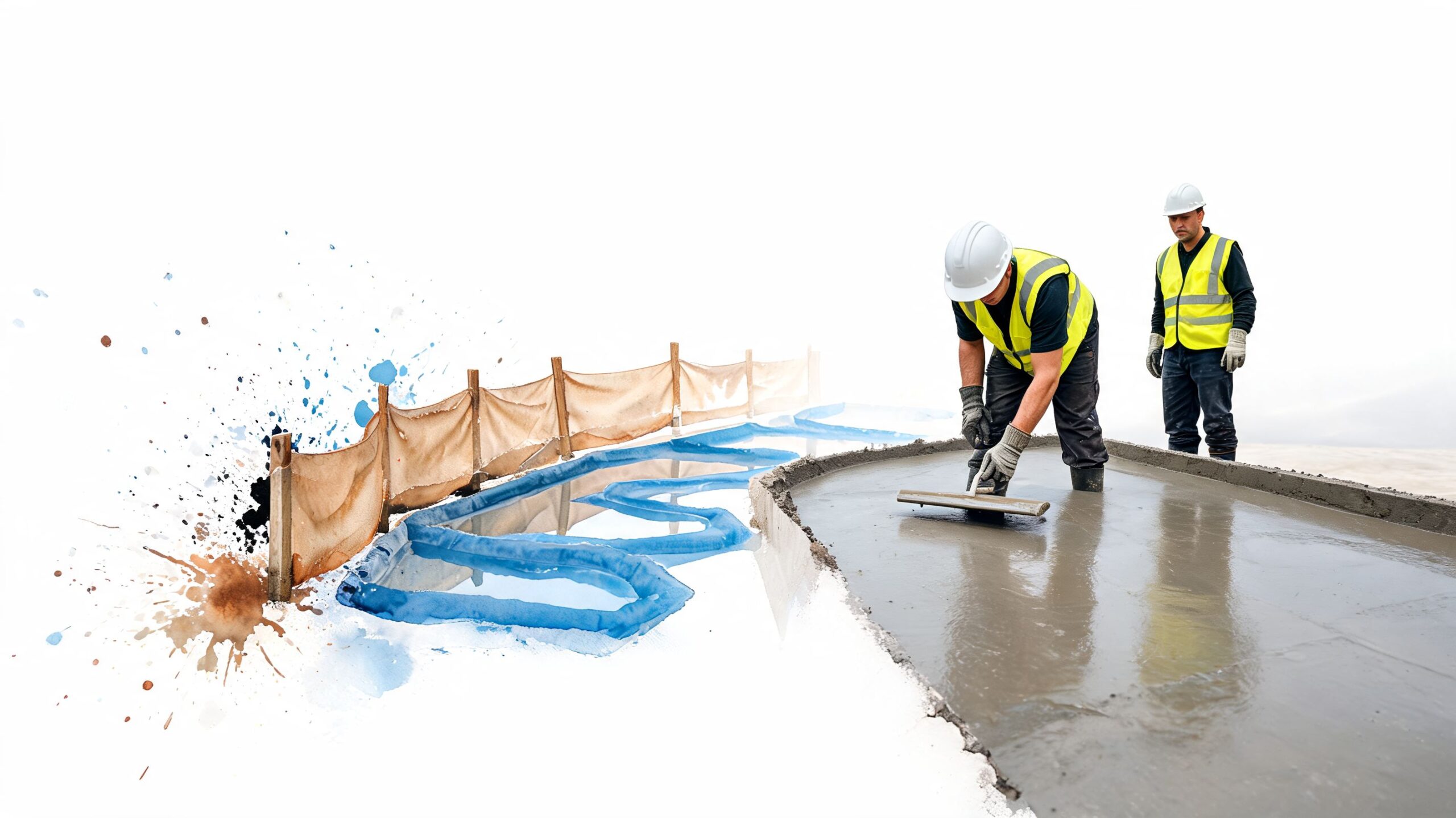 Two construction workers leveling wet concrete at a site with environmental silt fences and water control barriers.