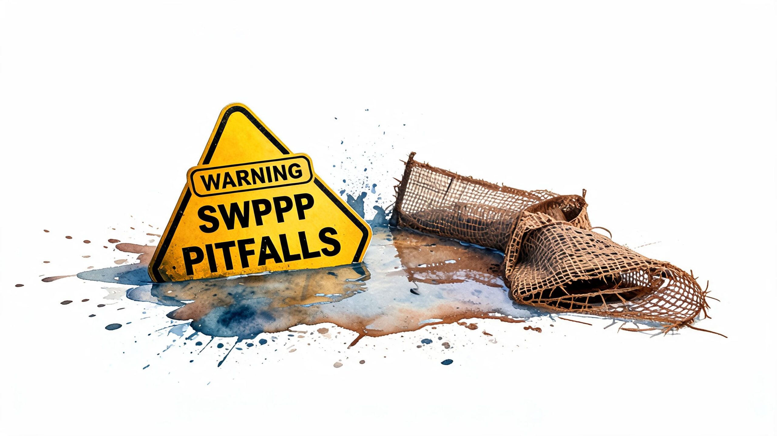 A yellow triangular warning sign about SWPPP pitfalls partially submerged in mud with mesh fencing nearby.