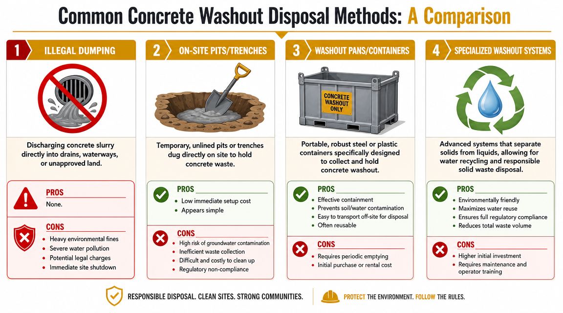 A comparison chart of four common concrete washout disposal methods for construction sites and environmental compliance.