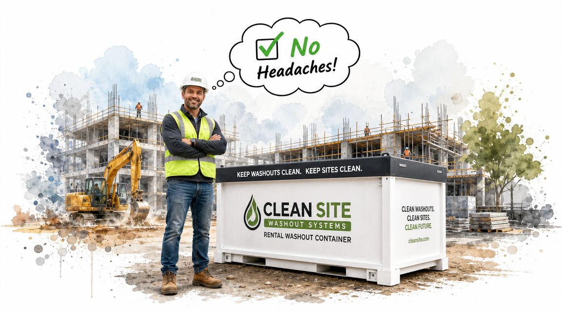 A professional construction worker standing next to a Clean Site Washout Systems container on a construction site.