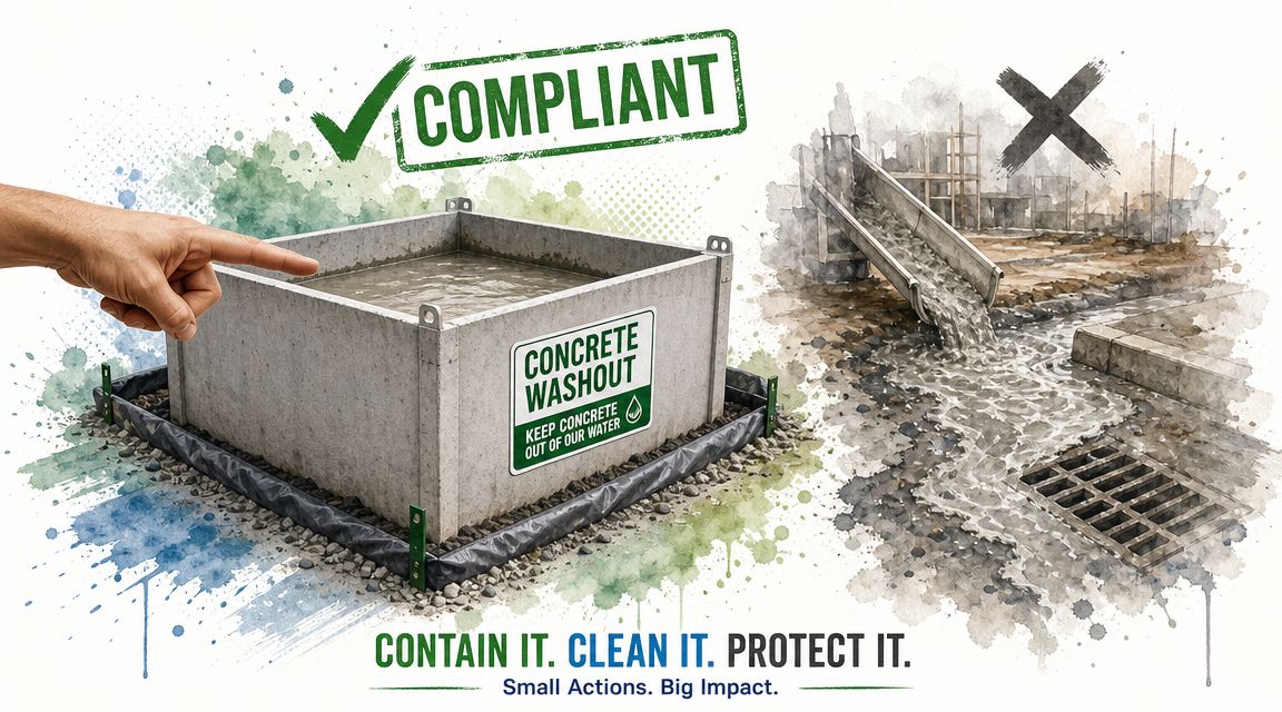 A split image showing a compliant concrete washout bin on the left and illegal concrete disposal on the right.