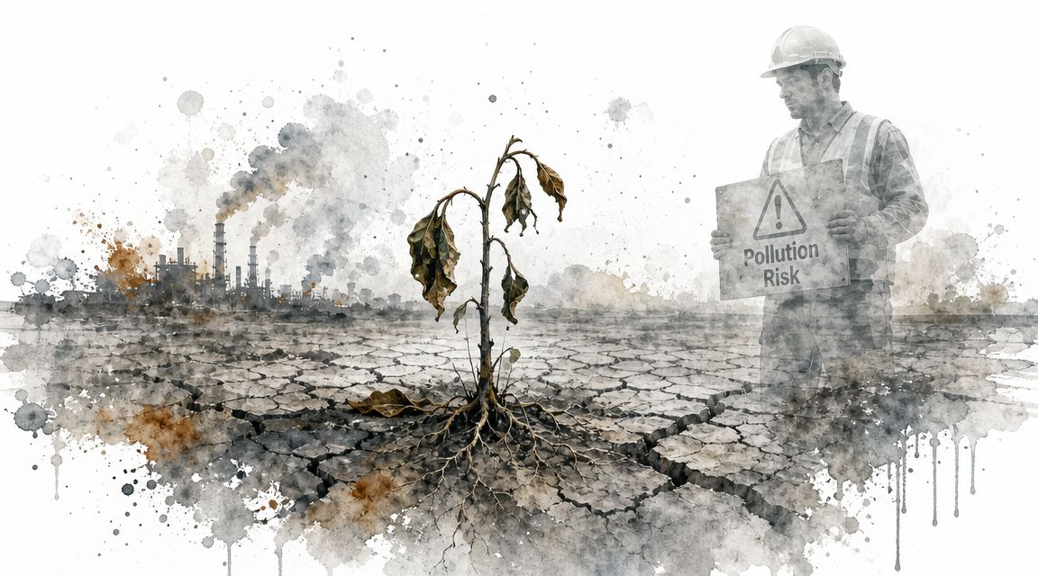 A construction worker holding a pollution risk sign in a barren landscape with a dying plant.