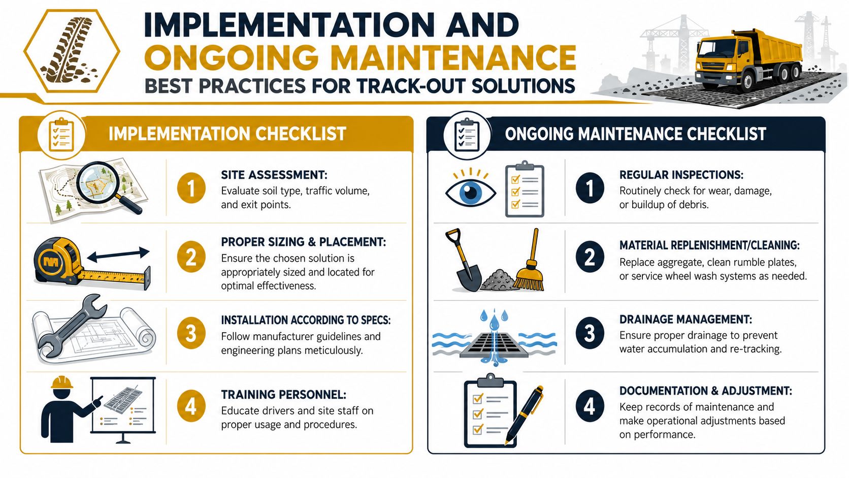 An infographic detailing best practices for implementing and maintaining construction site track-out control solutions.