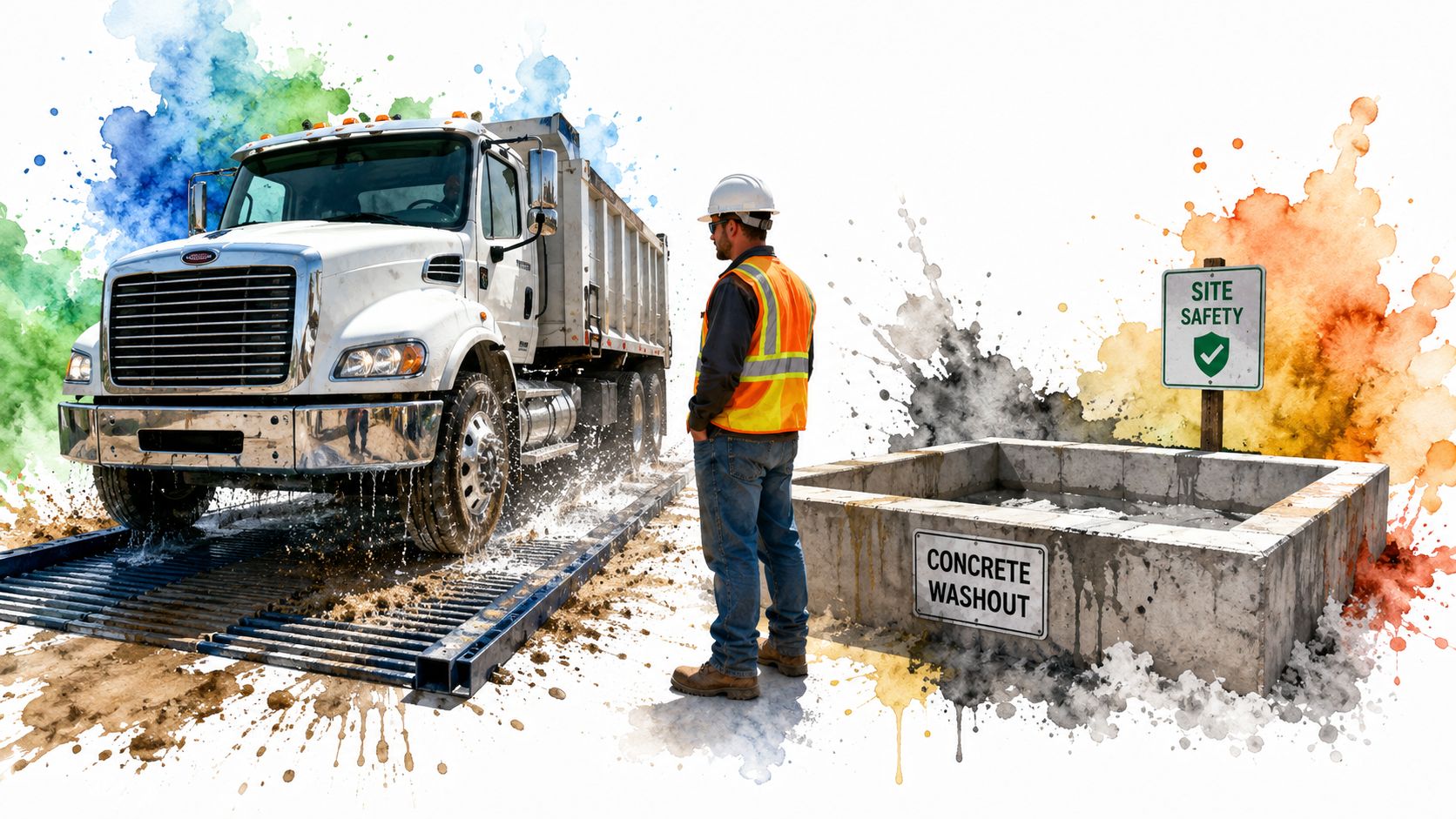 A construction worker observing a dump truck driving through a tire wash rack near a concrete washout area.