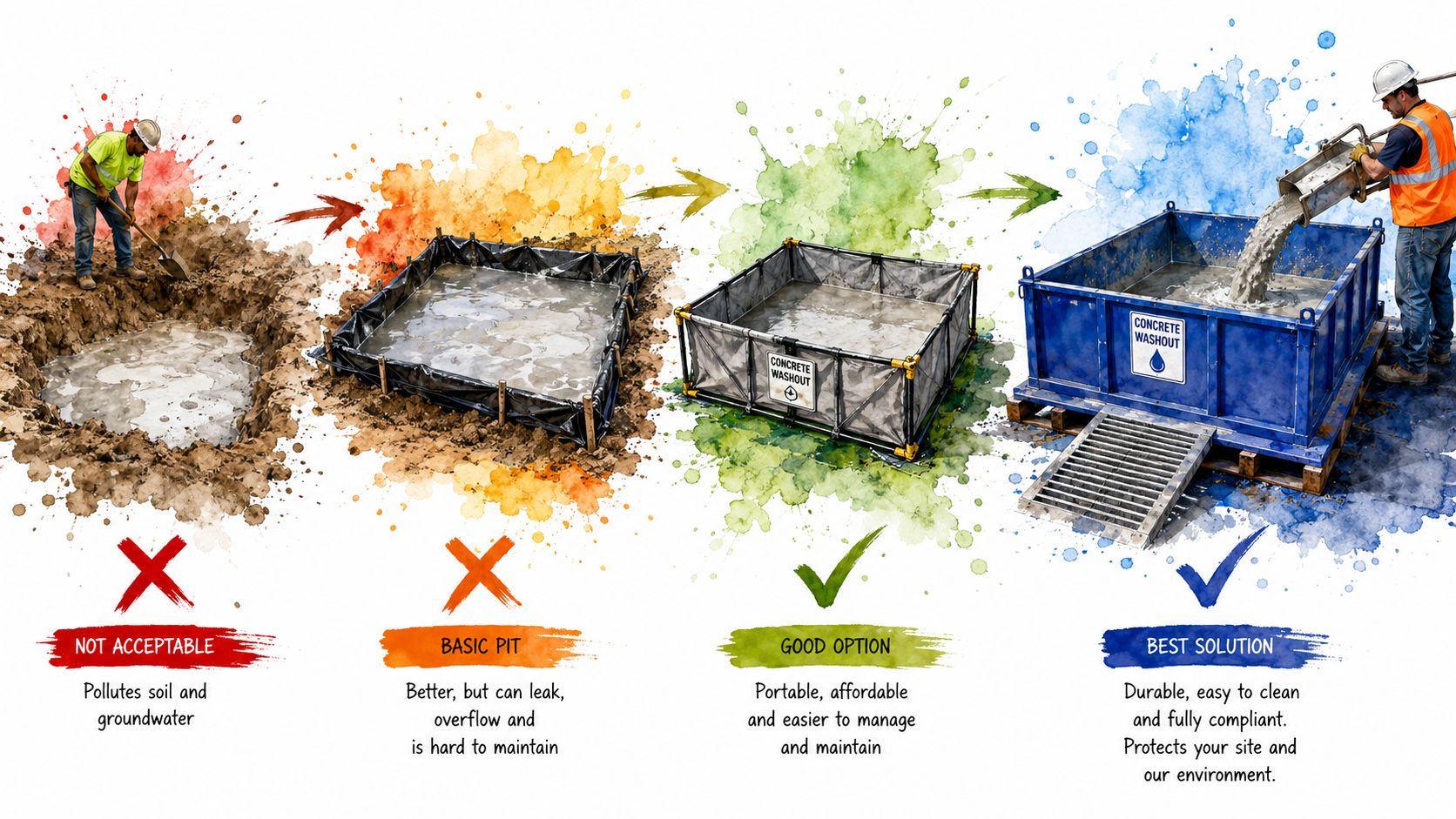 A diagram illustrating the evolution of concrete washout methods from unsafe dirt pits to compliant containers.