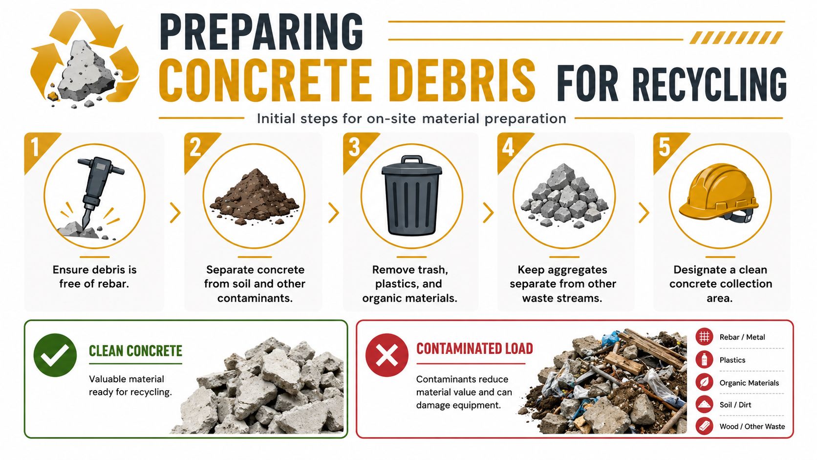 An infographic showing five steps for preparing concrete debris for recycling, highlighting clean versus contaminated materials.