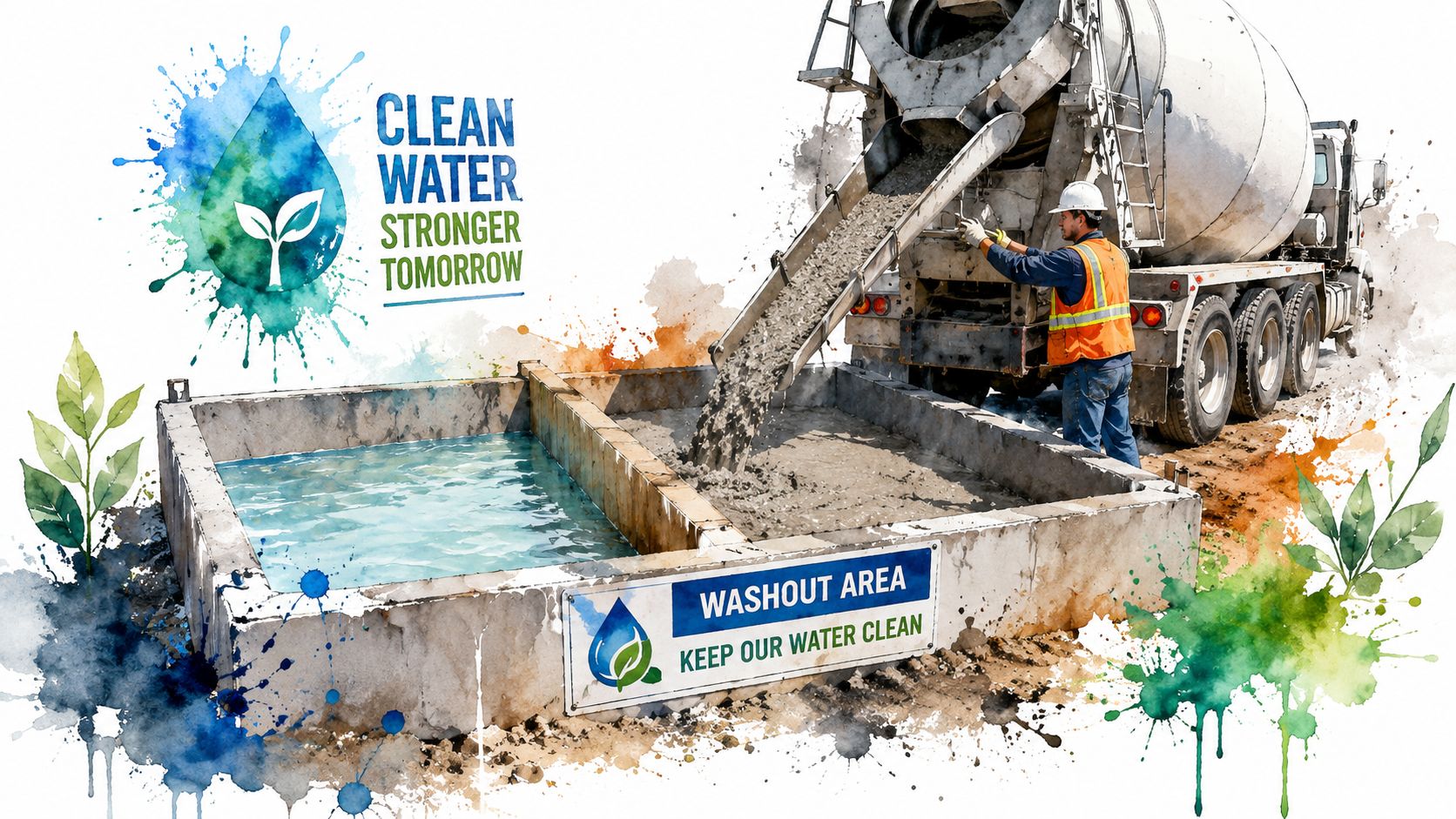 A construction worker washes out a concrete truck into an environmentally protected washout basin area.