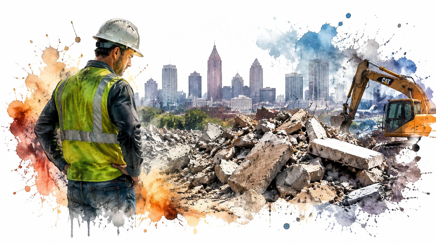A construction worker observing a concrete debris pile with a skyline and excavator in the background.
