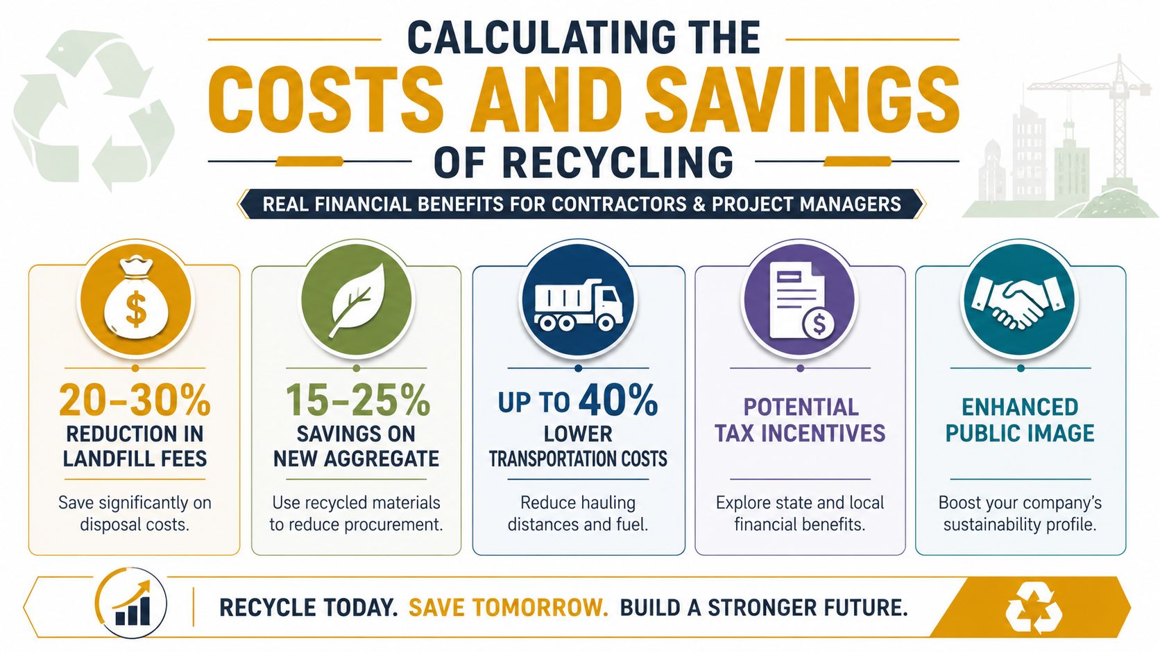 An infographic detailing financial benefits of construction waste recycling, including reduced landfill fees and lower transportation costs.