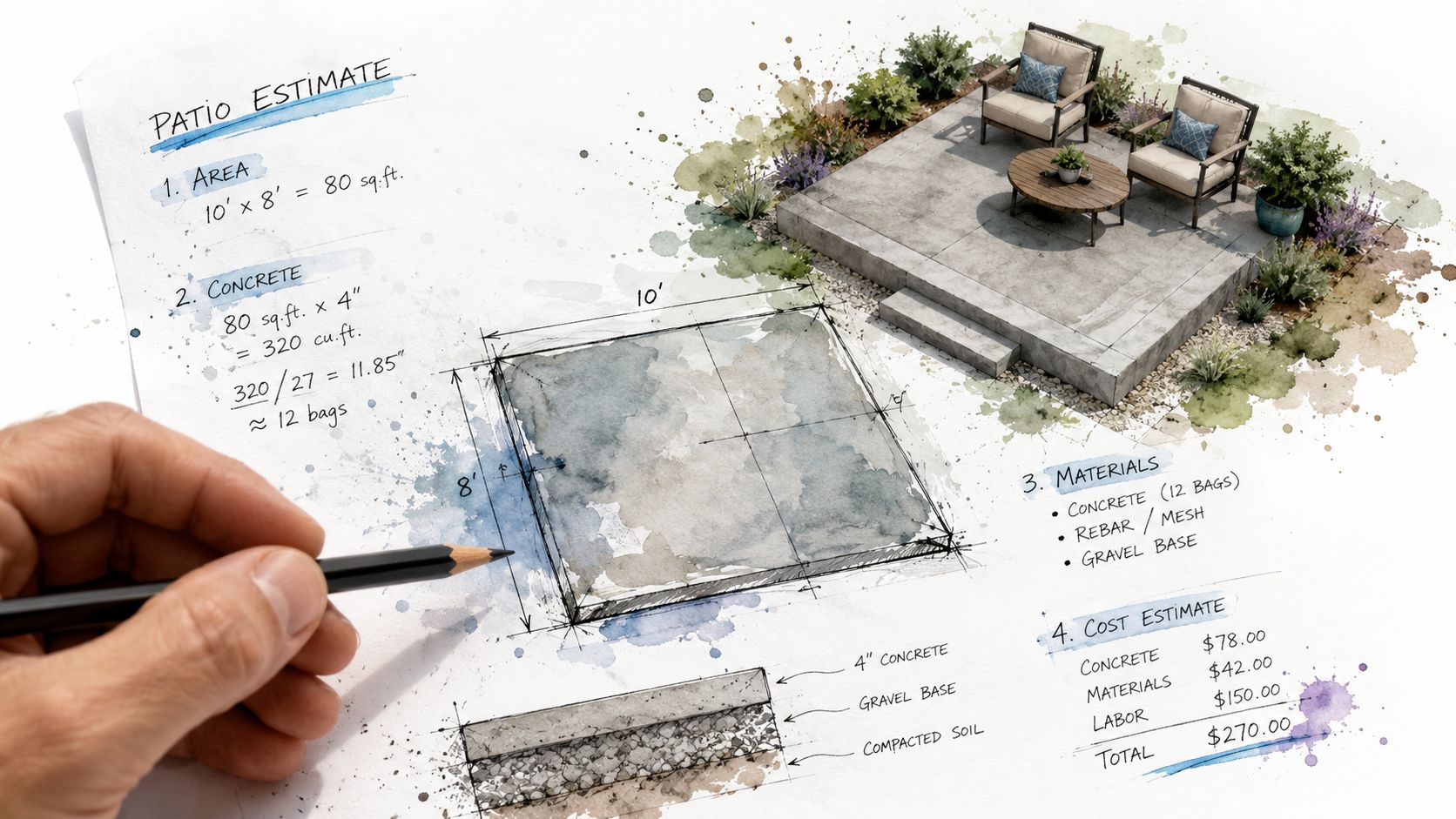 A hand drawing a patio construction project plan with area, material, and cost estimates on white paper.
