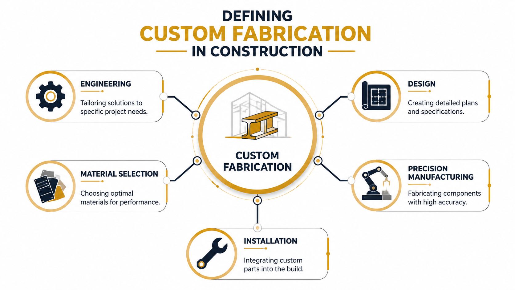 A diagram illustrating the five core stages of custom fabrication in construction including engineering, design, and manufacturing.