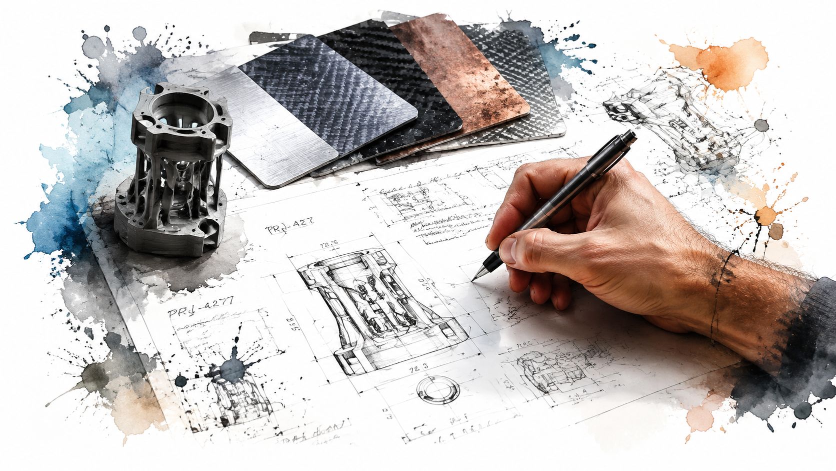 A hand sketches a complex technical engineering diagram next to 3D printed metal and carbon fiber components.