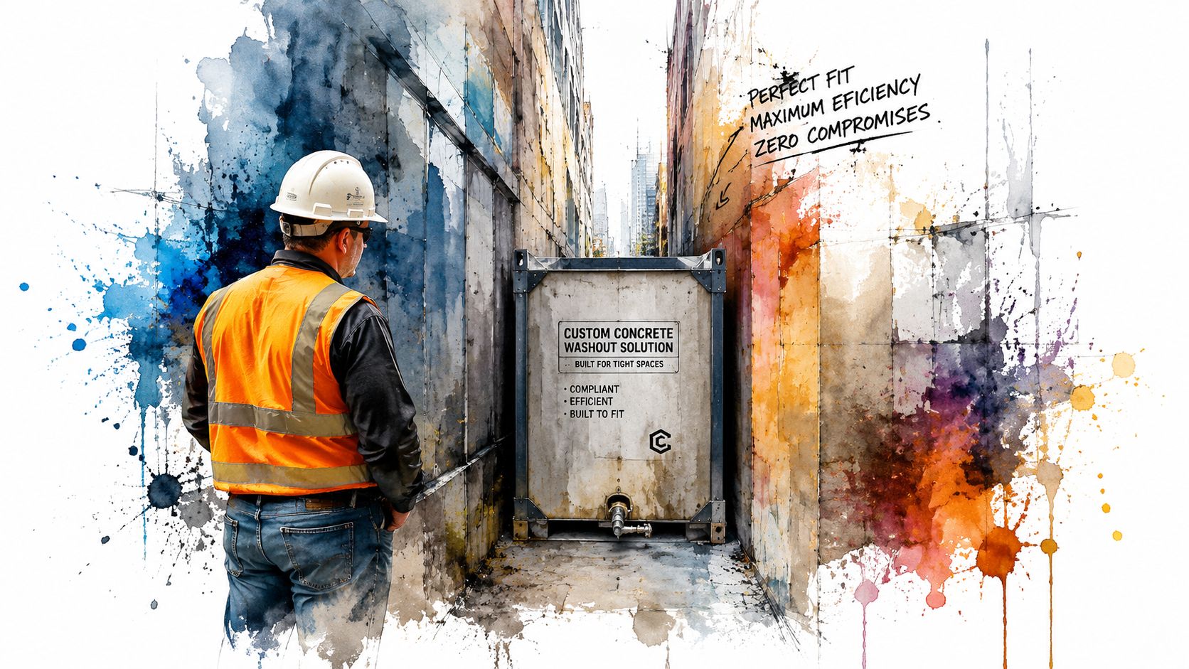 A construction worker in a high-visibility vest inspects a custom concrete washout solution container in a tight space.