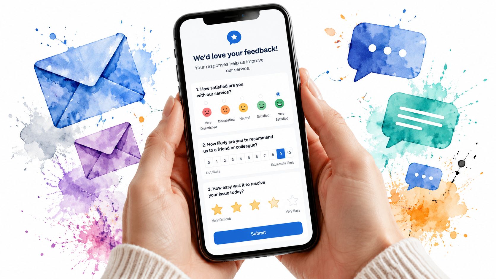 A person holding a smartphone displaying a customer satisfaction survey with rating scales and feedback options.