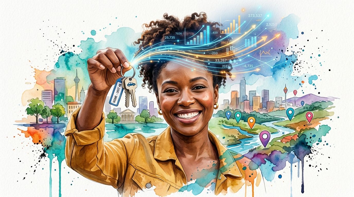 A happy woman holding keys in front of a watercolor city landscape with data visualization graphics.