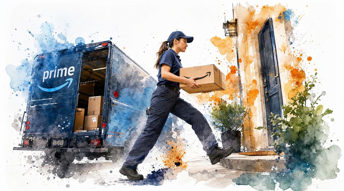 An Amazon delivery driver carrying a package toward a house entrance near an open delivery van.