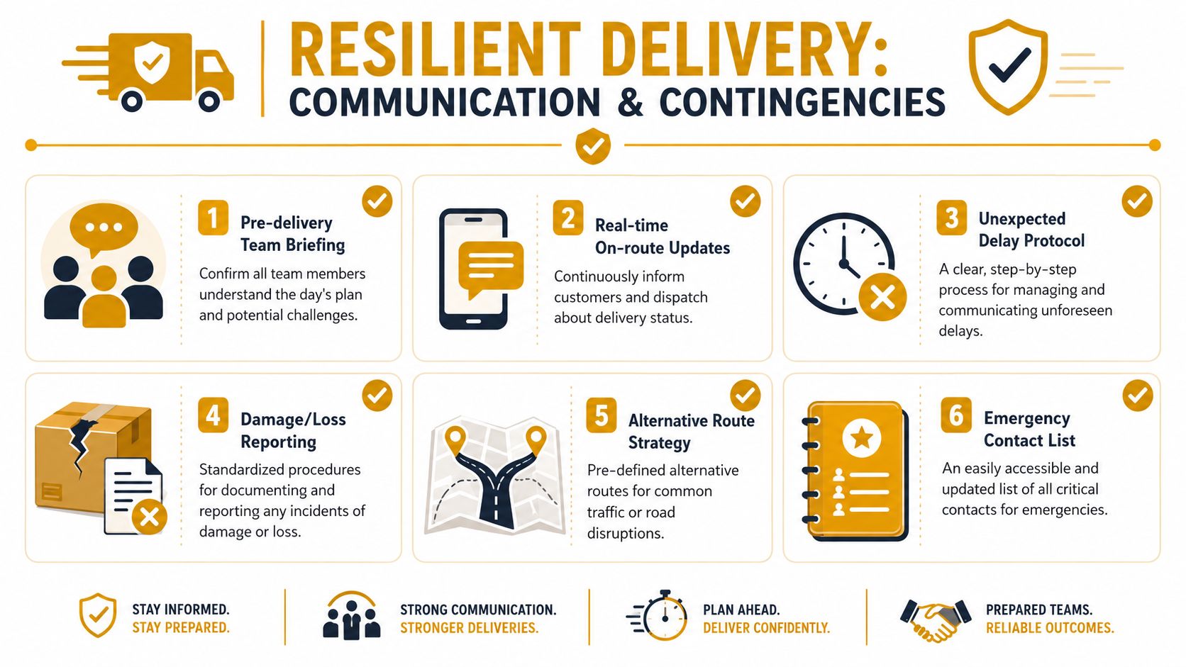 An infographic titled Resilient Delivery showing six steps for effective communication and contingency planning in logistics.