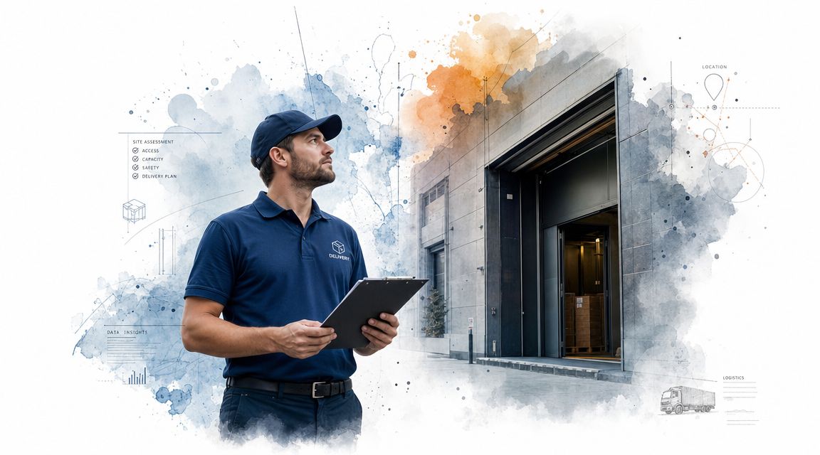 A professional delivery worker reviewing a clipboard in front of a modern industrial loading bay facility.
