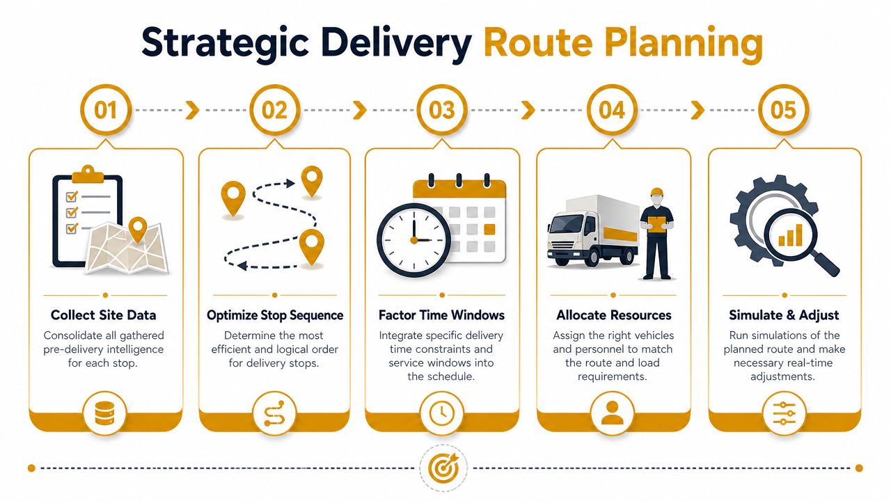 A five-step infographic showing the strategic delivery route planning process for logistics and supply chain management.