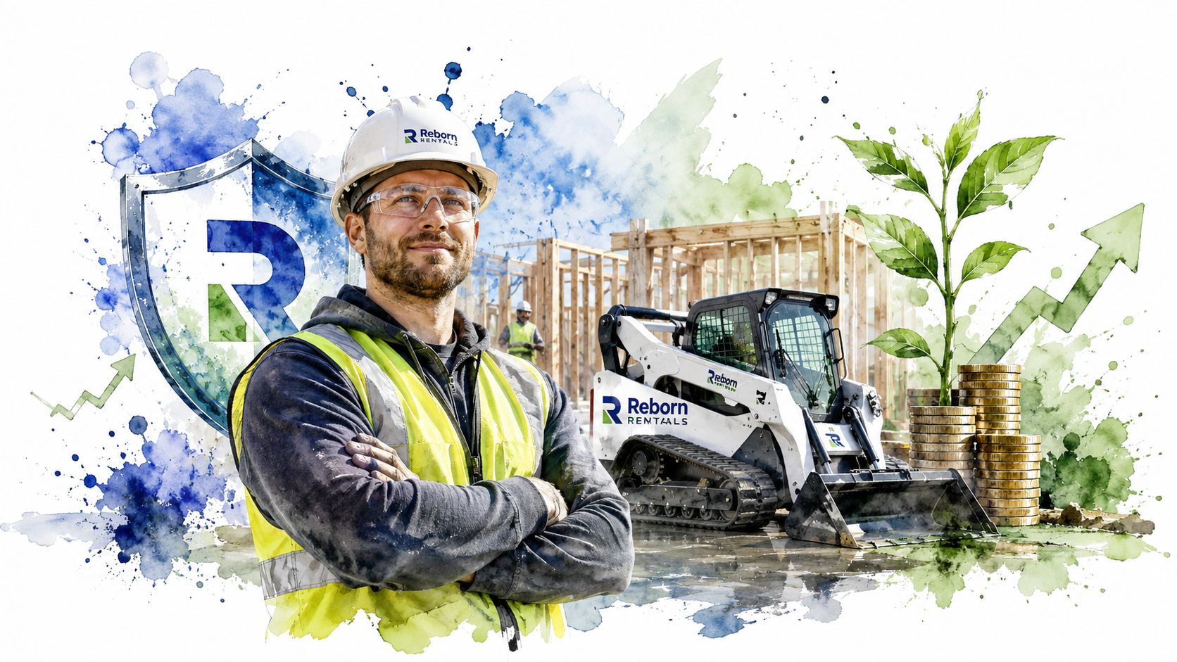 A construction worker standing in front of a skid steer, equipment, and environmental growth imagery.
