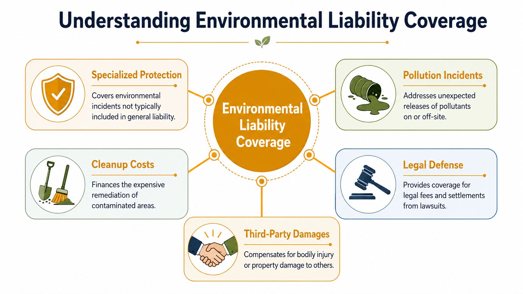 A diagram illustrating the key components and benefits of environmental liability coverage for businesses and organizations.