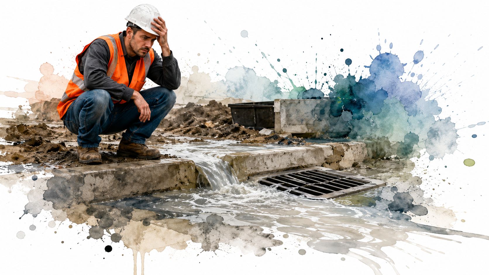 A distressed construction worker crouching next to a flooded drain, representing water damage and infrastructure maintenance issues.