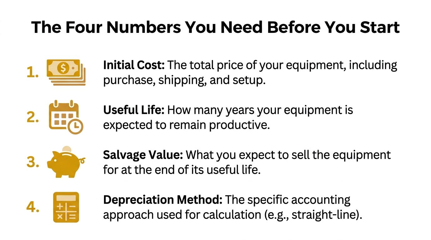 An infographic list outlining the four essential factors required to calculate equipment depreciation for accounting purposes.