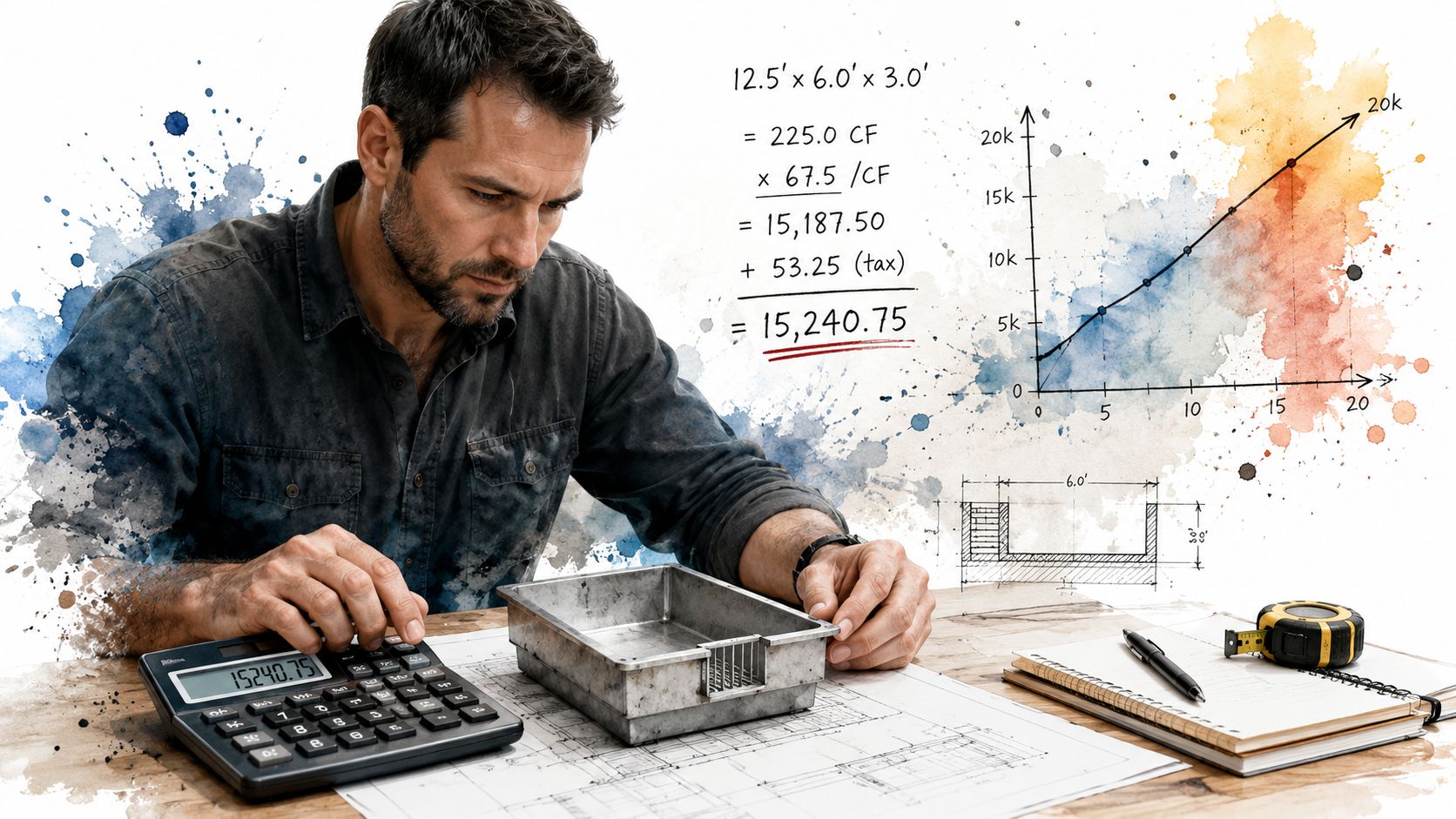 A professional man calculating equipment depreciation costs with a calculator, blueprints, and charts on his desk.