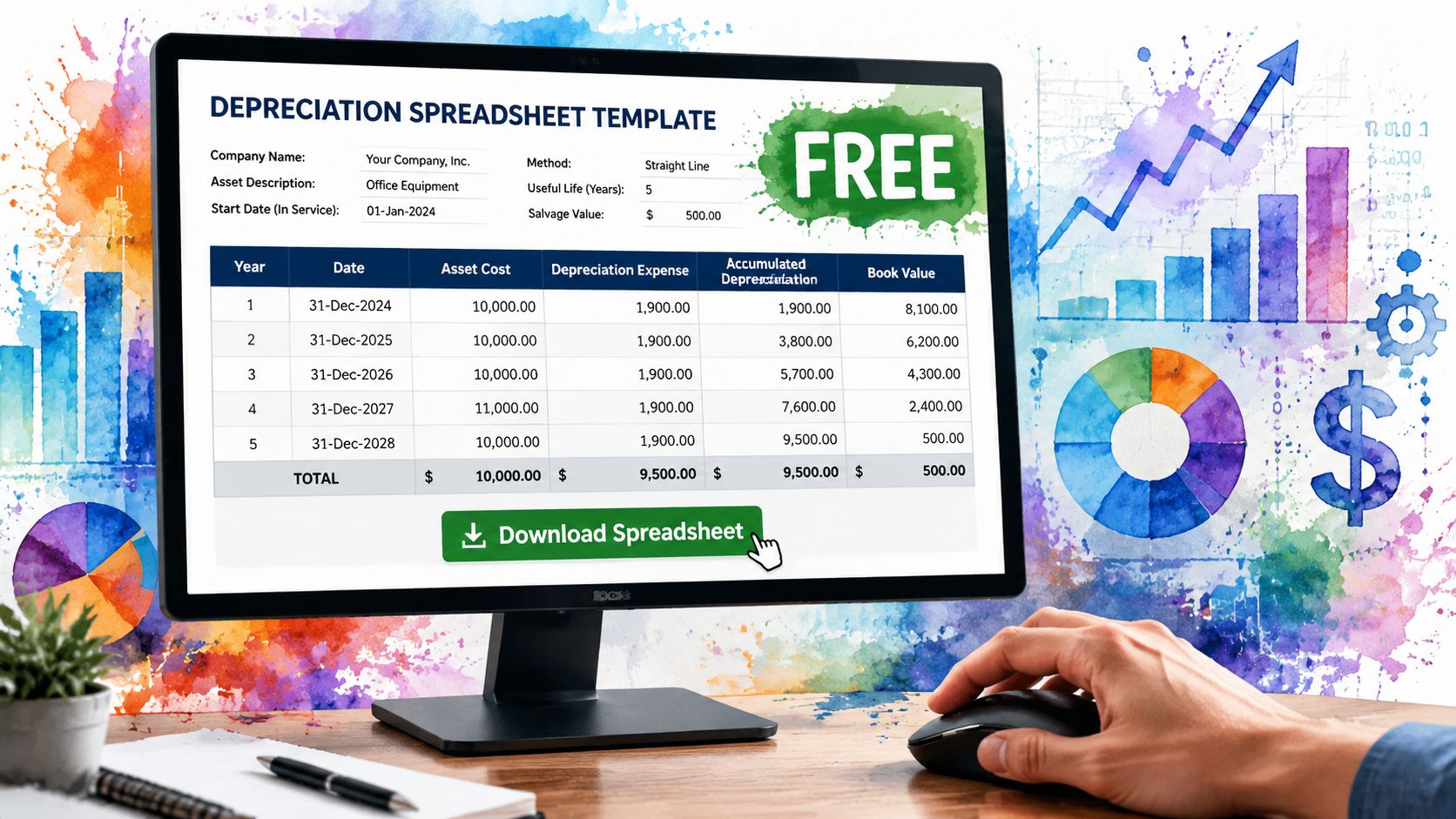 A computer screen showing a free depreciation spreadsheet template for office equipment on a desk.