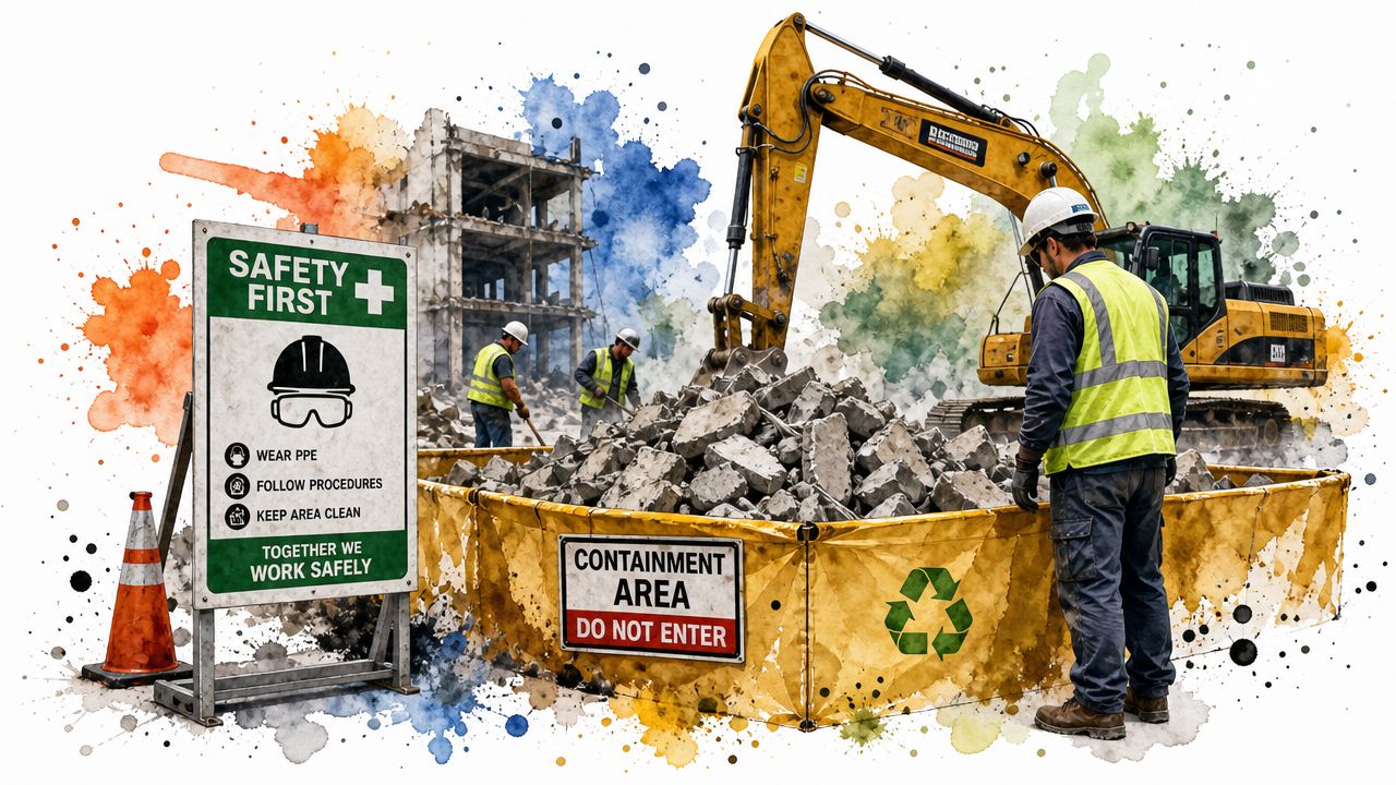 Construction workers operating an excavator near a safety sign and concrete rubble containment area at a job site.