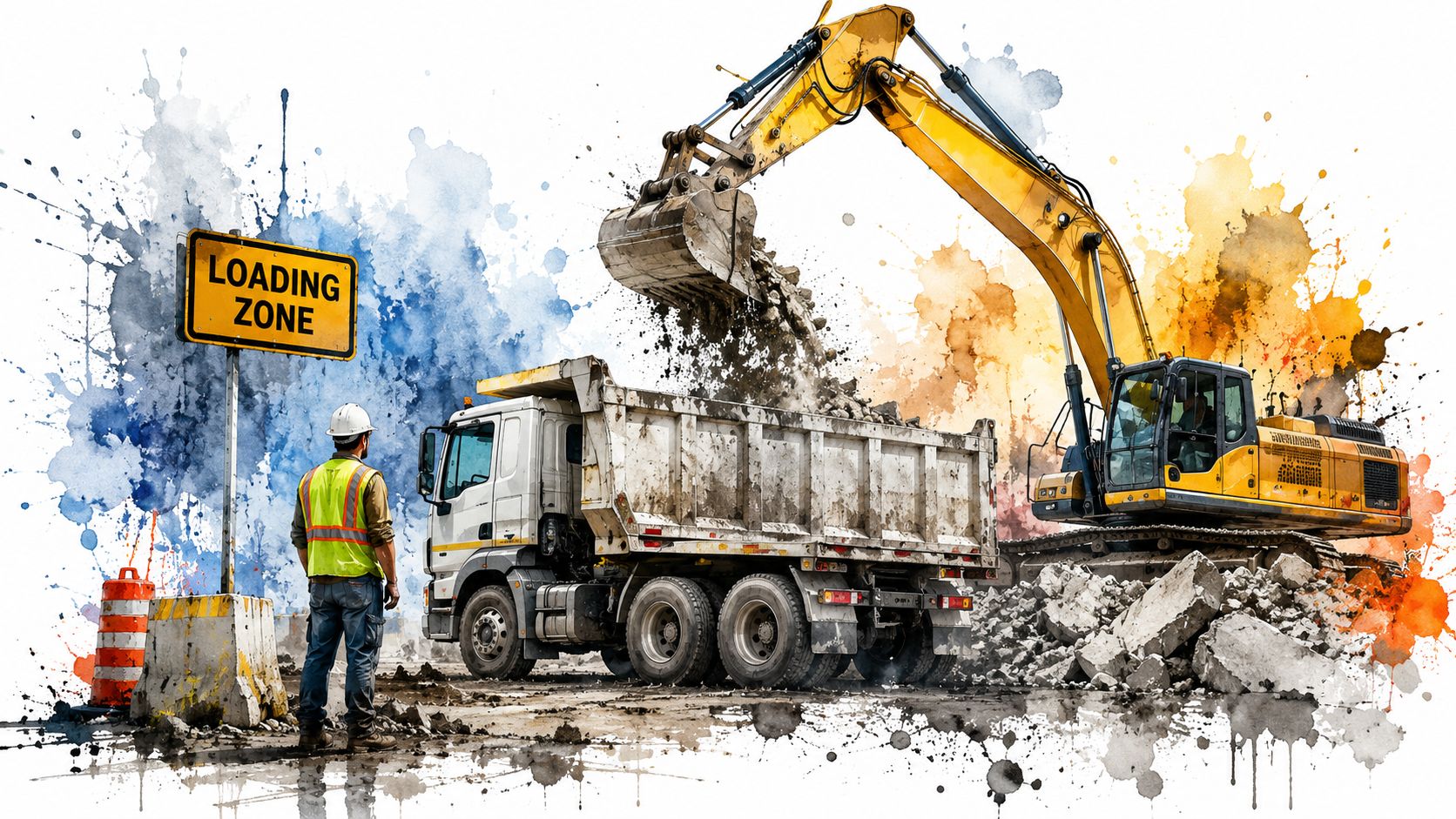 A construction worker watches an excavator loading rubble into a dump truck in a construction site.