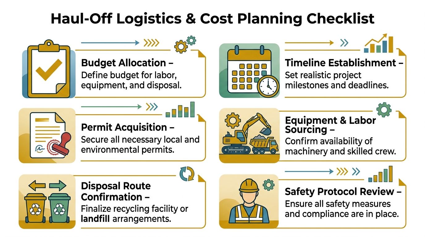 A logistics and cost planning checklist infographic for haul-off projects involving budget, permits, equipment, and safety.