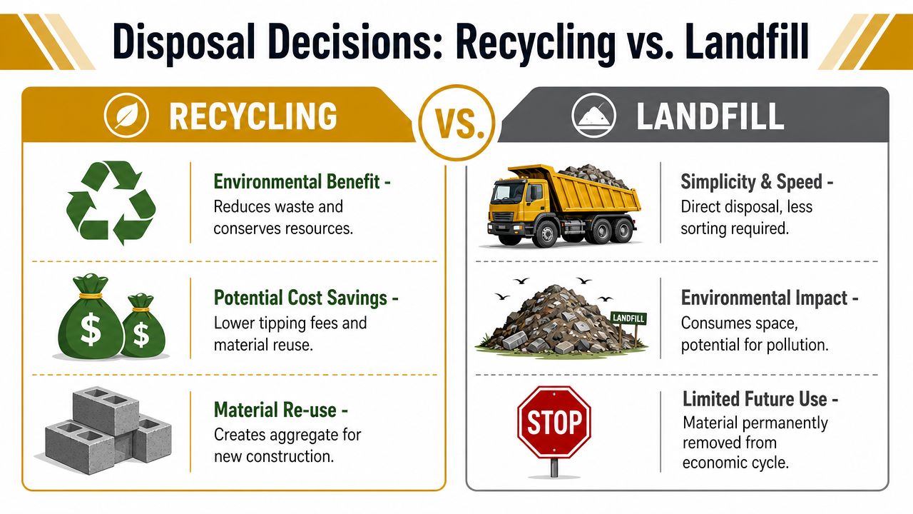 A comparative infographic illustrating the pros and cons of recycling versus landfilling for construction waste materials.