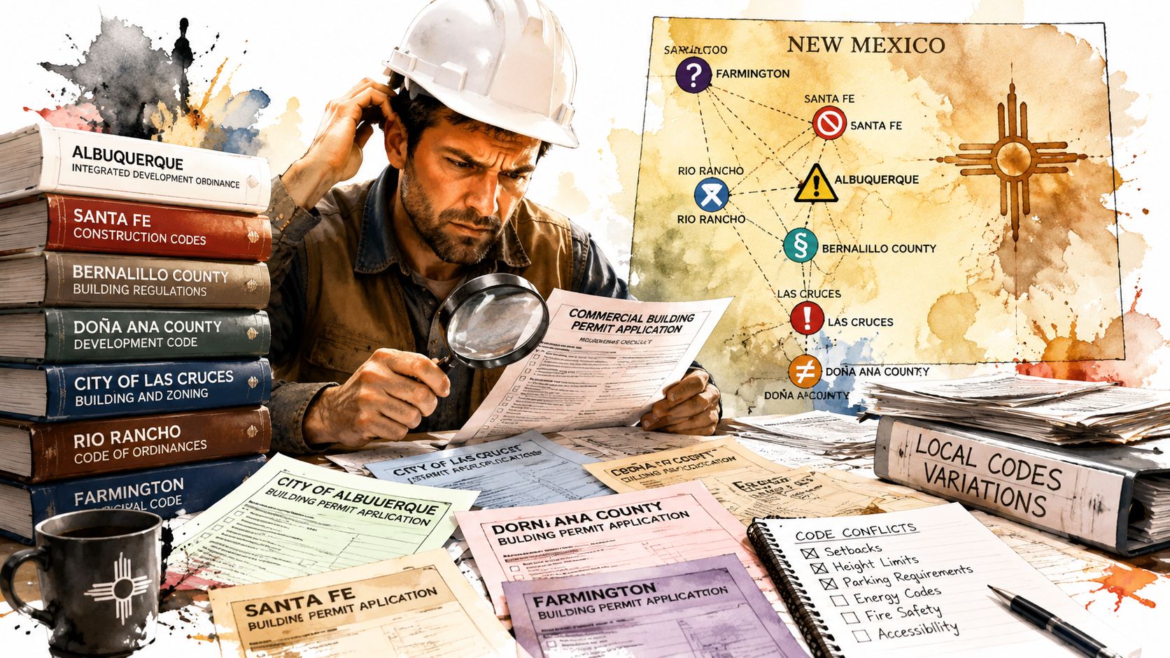 A construction worker in a hard hat reviews various building permit applications and complex New Mexico regional codes.