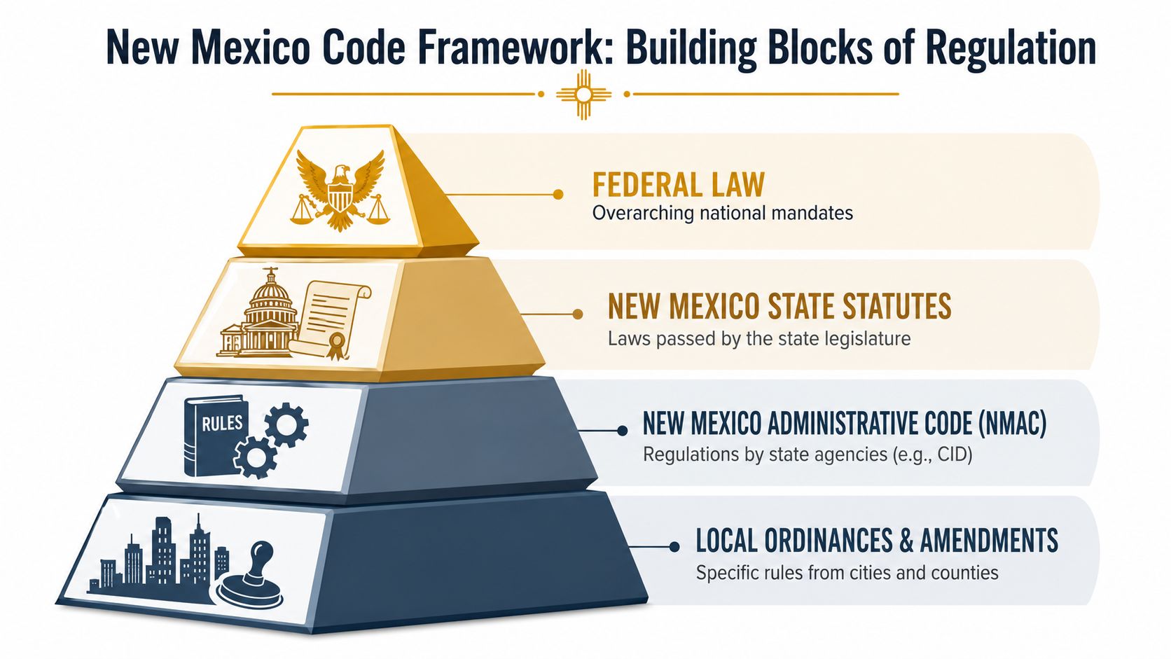 A hierarchical pyramid diagram illustrating the New Mexico code framework, from federal laws to local ordinances.