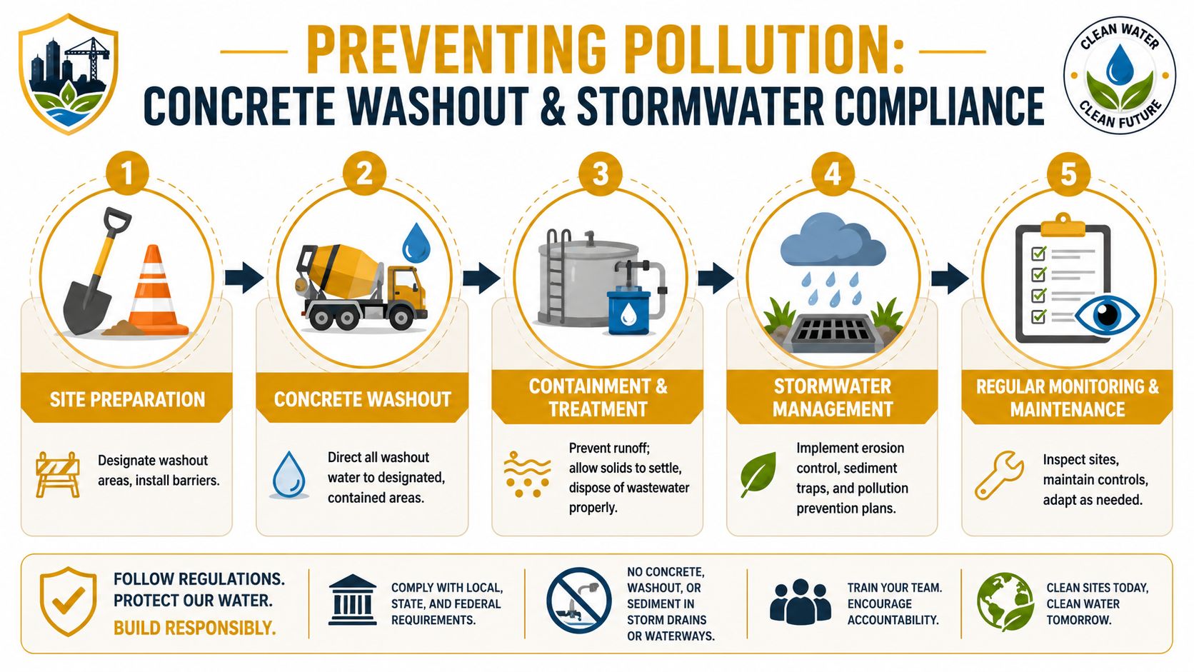 An infographic detailing five essential steps for preventing concrete washout and managing stormwater pollution on construction sites.