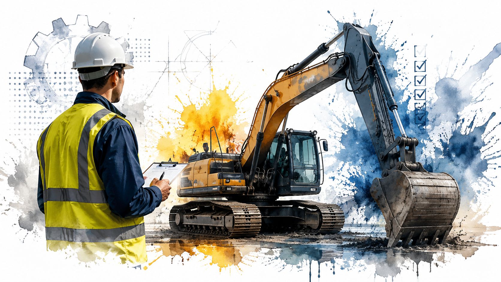 A professional construction engineer in safety gear reviewing documents next to an excavator at a work site.