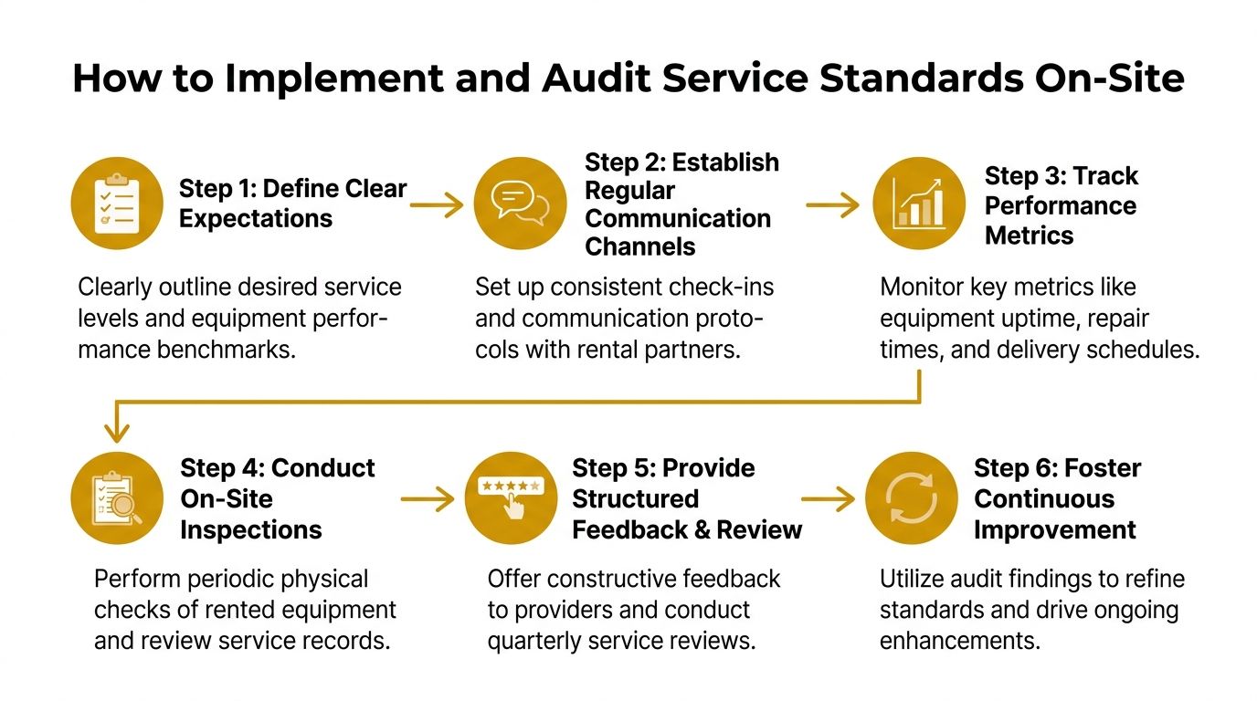 A six-step infographic on how to implement and audit professional service standards for equipment rentals.