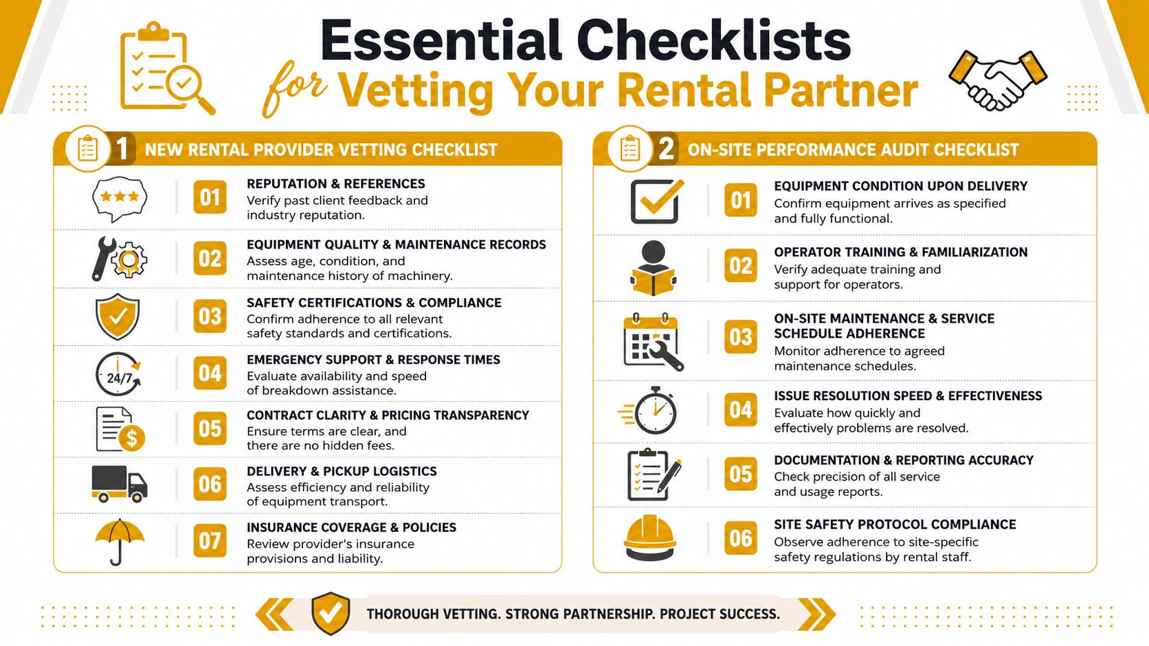 A professional infographic outlining essential checklists for evaluating and auditing rental service equipment providers and partners.