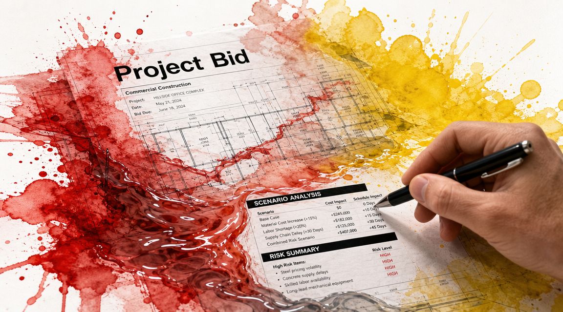 A hand pointing a pen at a project bid document featuring risk analysis and construction blueprints.