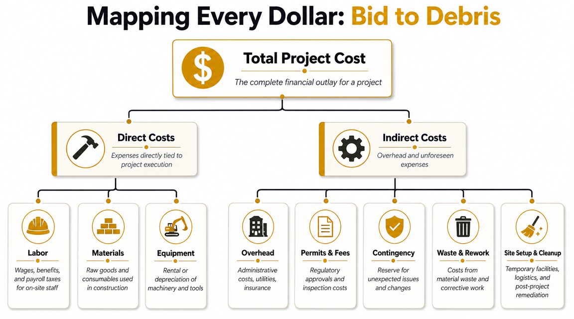 An infographic titled Mapping Every Dollar showing a breakdown of project costs into direct and indirect categories.