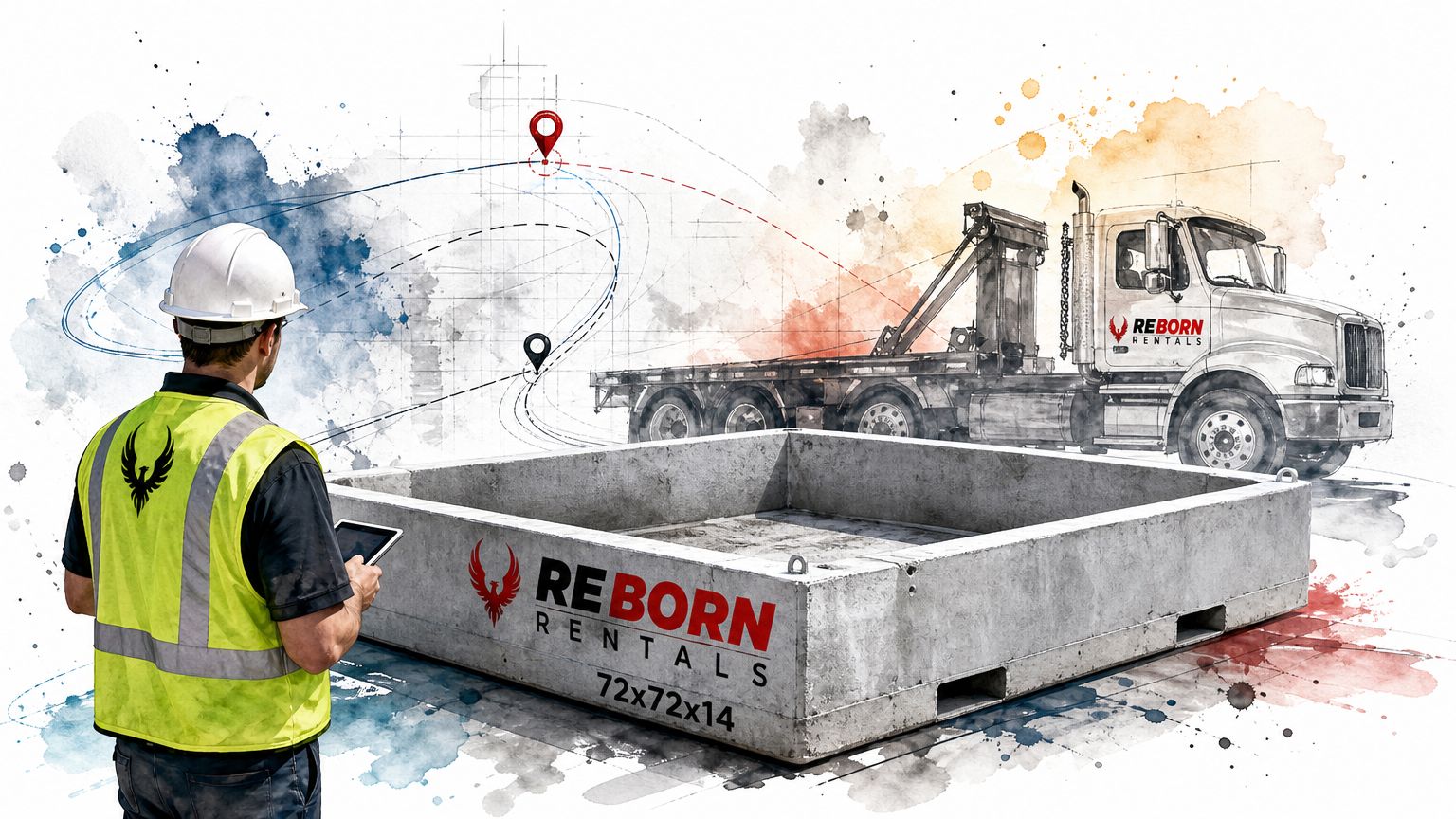 A construction worker with a tablet looking at a Reborn Rentals concrete container and truck illustration.