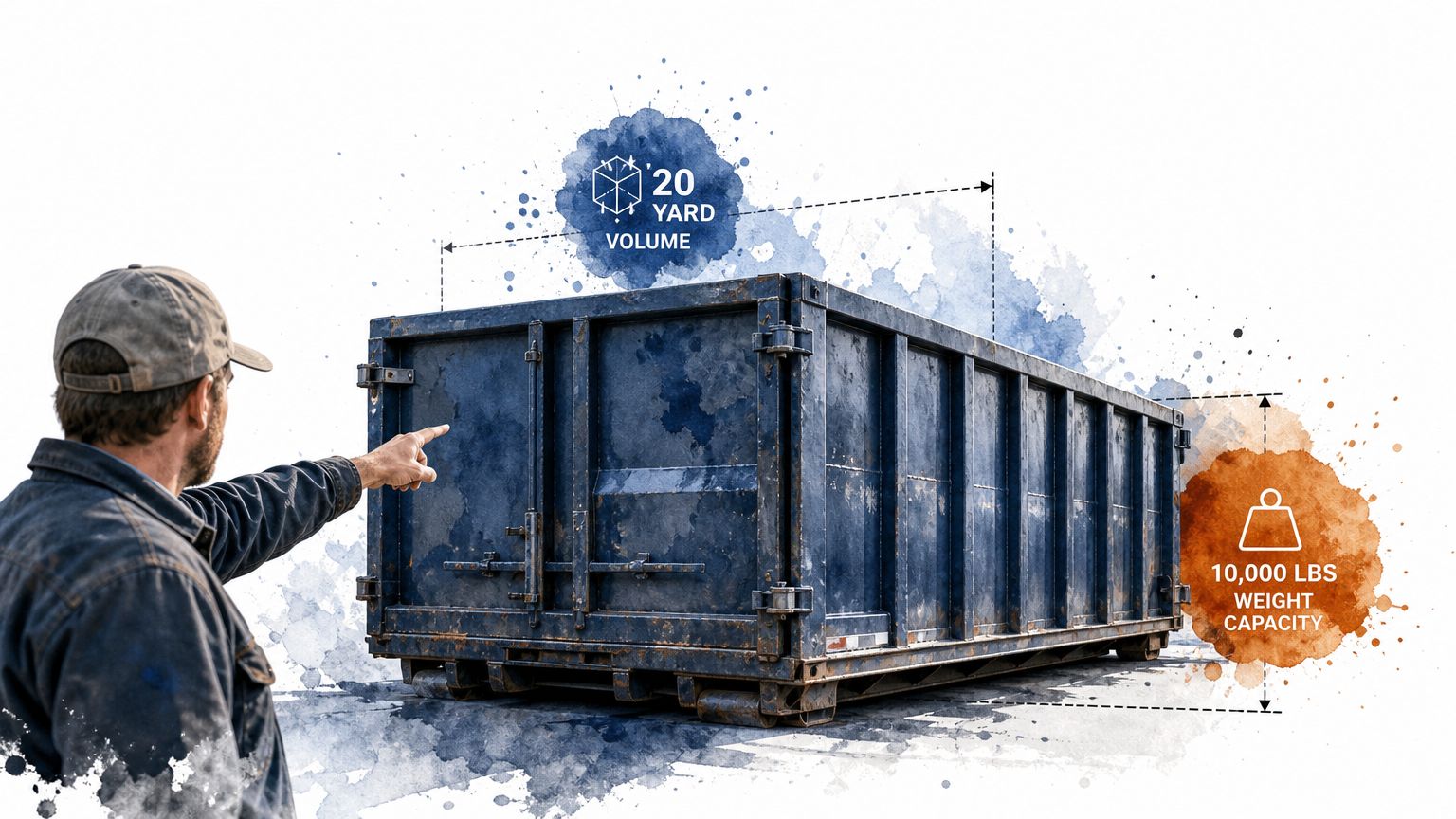 A construction worker pointing at a large 20-yard blue roll off dumpster with 10,000 lbs capacity.