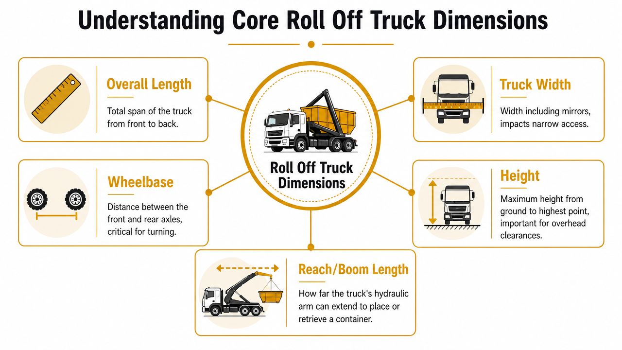 An infographic illustrating five core dimensions of a roll off truck for proper site clearance planning.