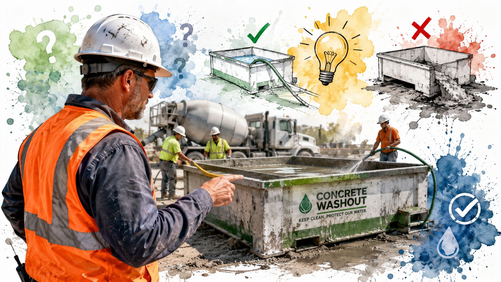 Construction workers using a concrete washout bin to safely manage waste and protect the local environment.