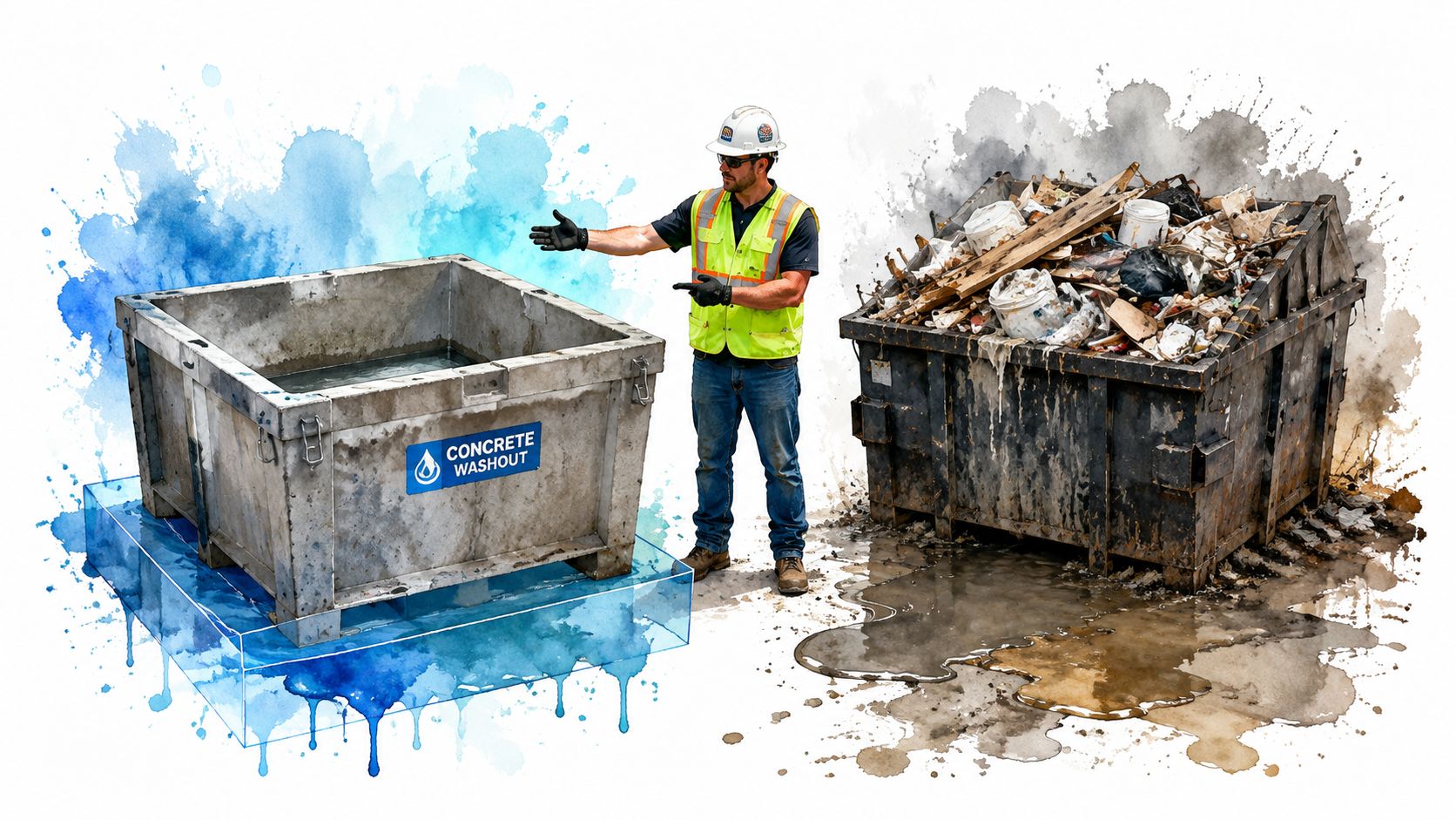 A construction worker gesturing between a clean concrete washout container and a messy, overflowing dumpster of debris.