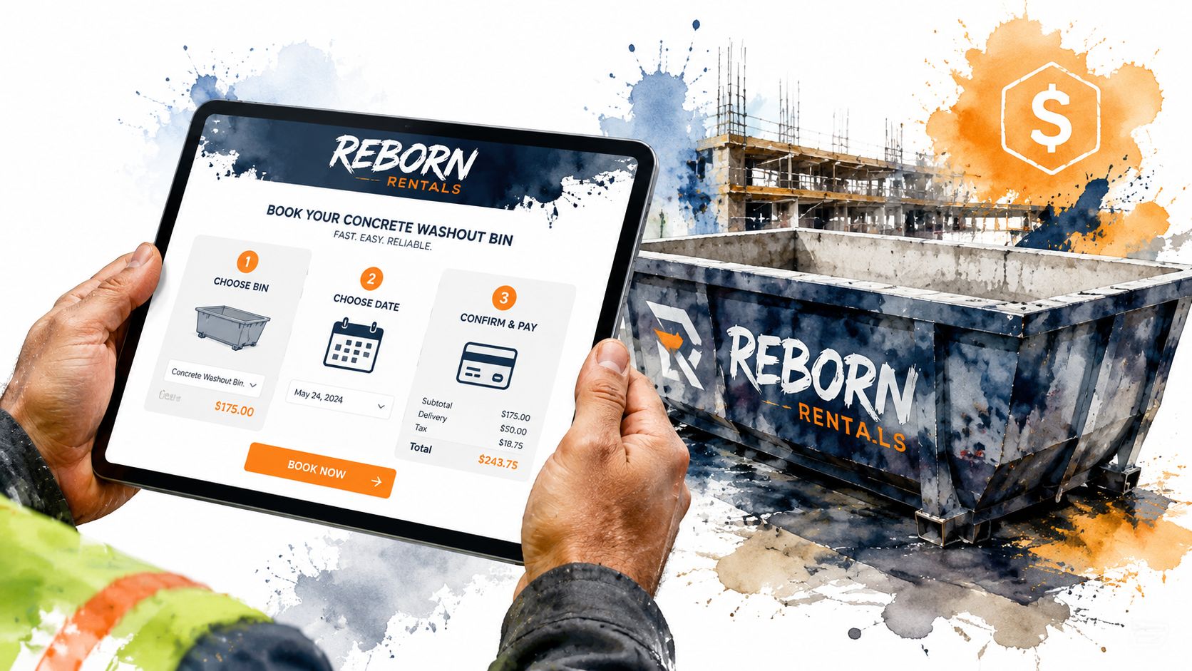 A person holds a tablet displaying a concrete washout bin rental booking interface near a construction site.