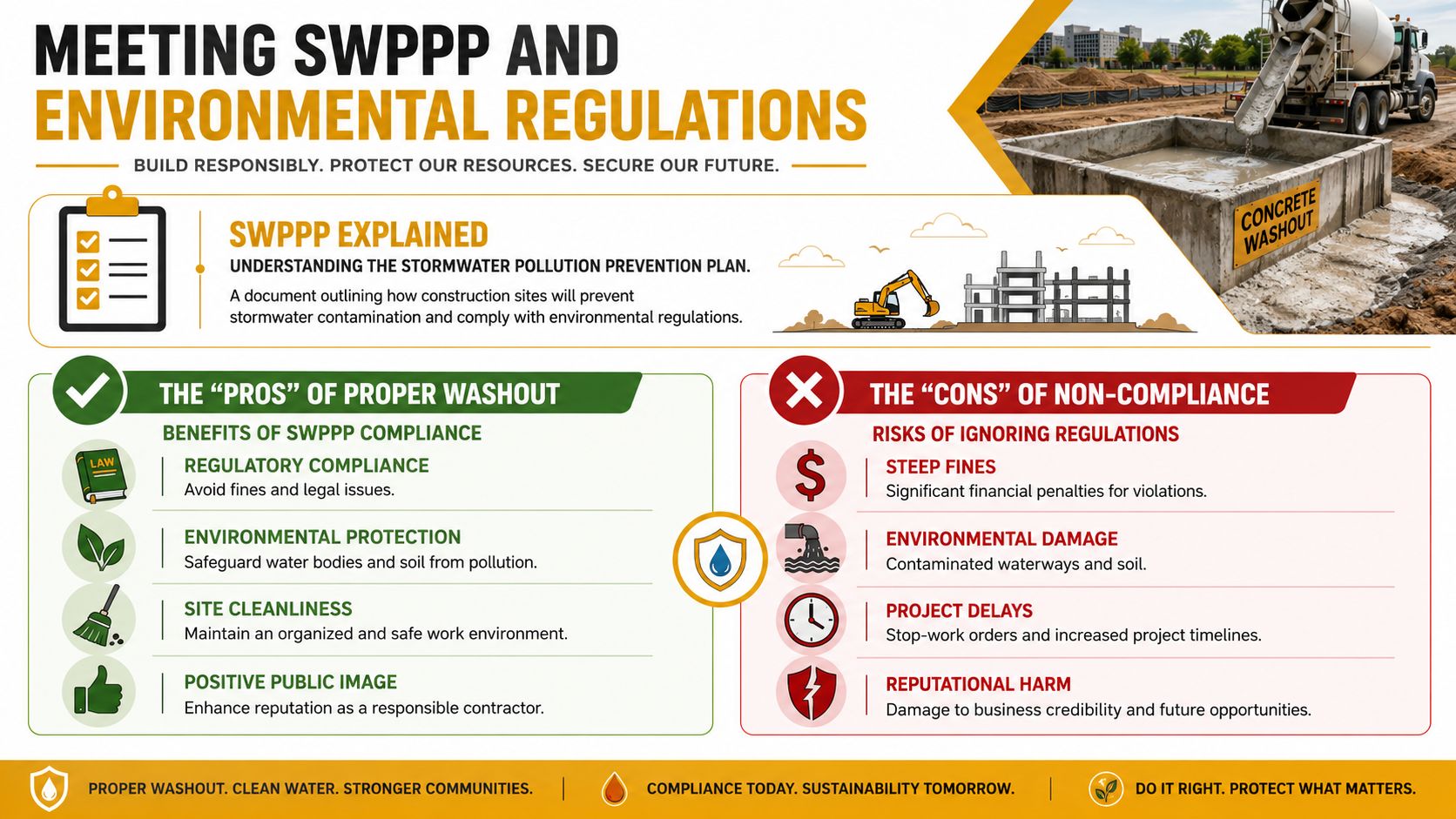 An infographic explaining Stormwater Pollution Prevention Plans and the benefits of compliance versus the risks of non-compliance.
