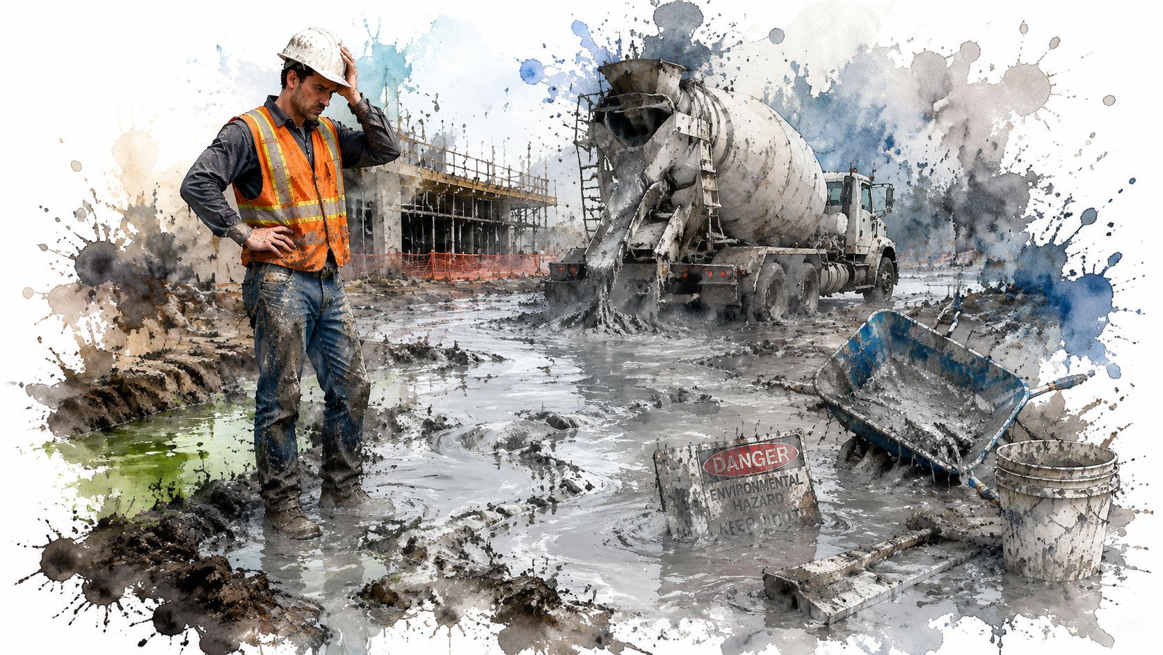 A construction worker looking distressed in a muddy work site with a cement truck and warning sign.